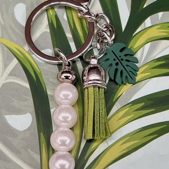 PLANT LADY Bag Charm Keychain Multi MONSTERA Pendant Suede Tassel Faux Pearls - Picture 13 of 17
